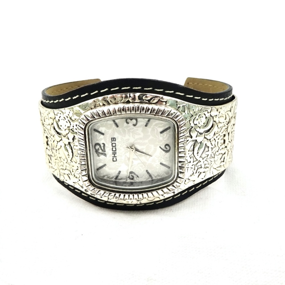 CHICO'S SILVER FLORAL CUFF BRACELET QUARTZ WATCH - Picture 3 of 10